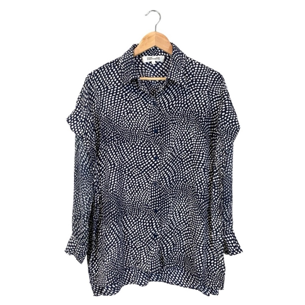 Diane Von Furstenberg Silk Blouse Blue White Dotted Print Ruffle Sheer Sleeve, S